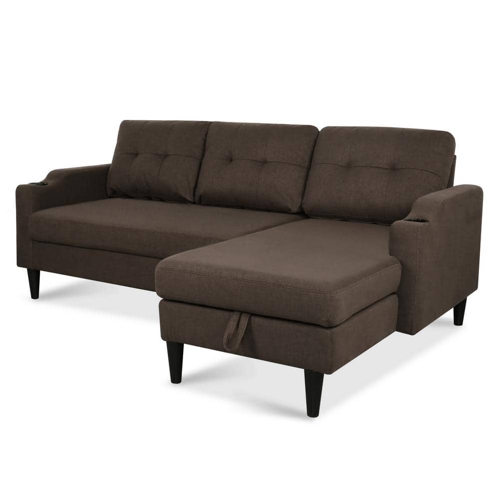 Brown Tufted Linen Fabric Sectional Sofa with Storage and Cup Holders
