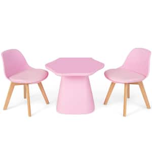 Kids Table and 2-Chairs Set 3-piece Children Activity Play Table with Padded Seat Round Tabletop Beech Legs Pink
