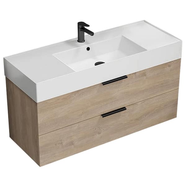 DERIN Derin 47.64 in. W x 47.64 in. D x 25.2 in. H Wall Mounted Bath Vanity in Brown Oak with Vanity Top Basin in White