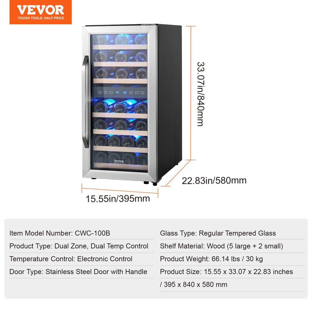 33-Bottle Dual Zone Black Stainless Steel Wine Cooler with LED Lighting