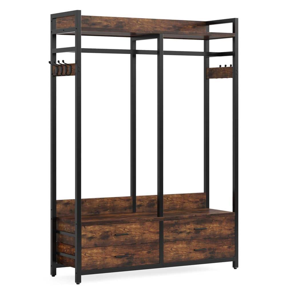 Carmalita Brown Wood 47.24 in. Armoire with 4 Drawers and 8 Hooks, Freestanding Clothing Rack for Bedroom Living Room - thumbnail 3