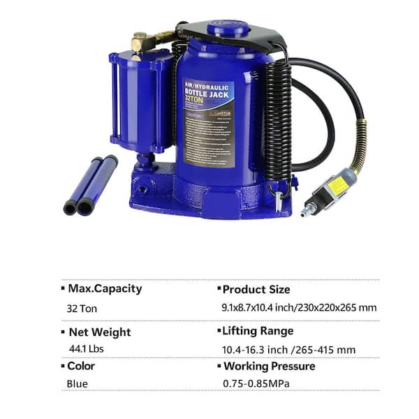 32-Ton Air Hydraulic Jack, Suitable for Heavy-Duty Trucks, Motorhomes, and Cars, Lift Range 10.4-16.3 in.