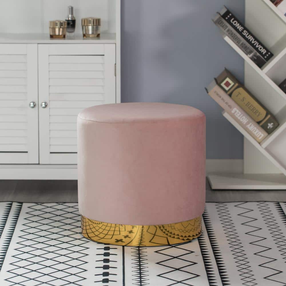 Pink Round Velvet Ottoman Stool with Gold Base, 16"