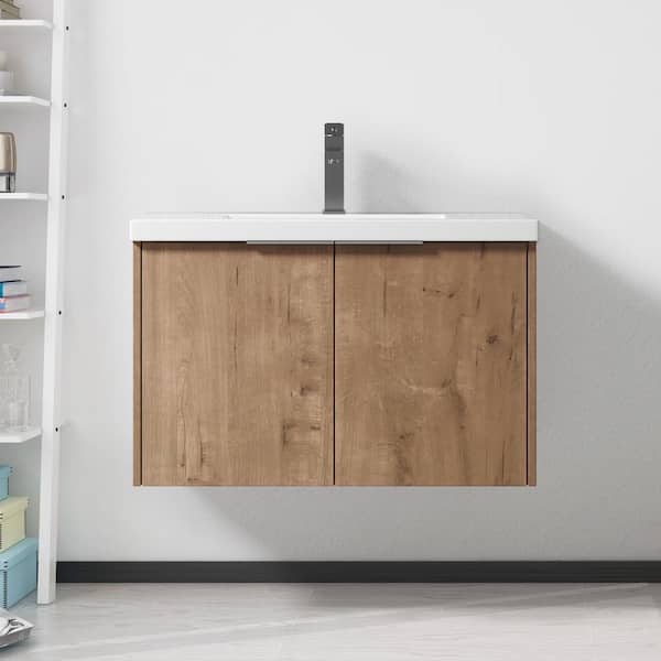 FAMYYT 30 in. W x 18.1 in. D x 19.3 in. H Floating Bath Vanity in Imitative Oak with White Resin Top