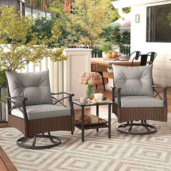 ANGELES HOME 3-Piece PE Rattan Wicker Patio Conversation Set with Gray Cushions Swivel Rocking Chairs Set, Tempered Glass Side Table