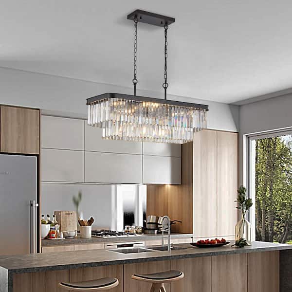 33.5 in. W 11 Lights Rectangular Crystal Chandelier, Luxurious Pendant, E12, No Bulbs Included, Black