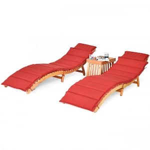 Natural Eucalyptus Folding Wood Outdoor Patio Lounge Chair with Cushion in Red (3-Packs)