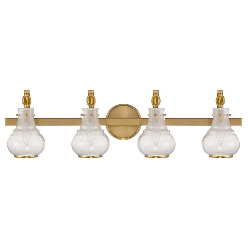 Warm Brass 4-Light Vanity with White Strie Glass Shades