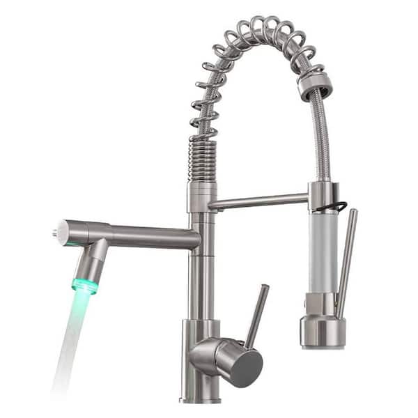 FLG Pull Down Kitchen Sink Faucet With LED Light Commercial Kitchen Faucets with Sprayer Single Handle Taps Brushed Nickel