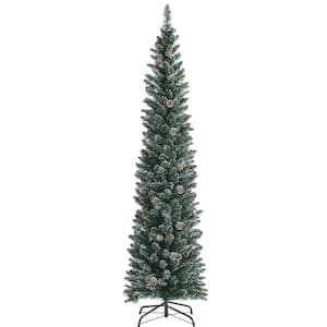 7 ft. Green Unlit Snowy Artificial Pencil Christmas Tree with Pine Cones