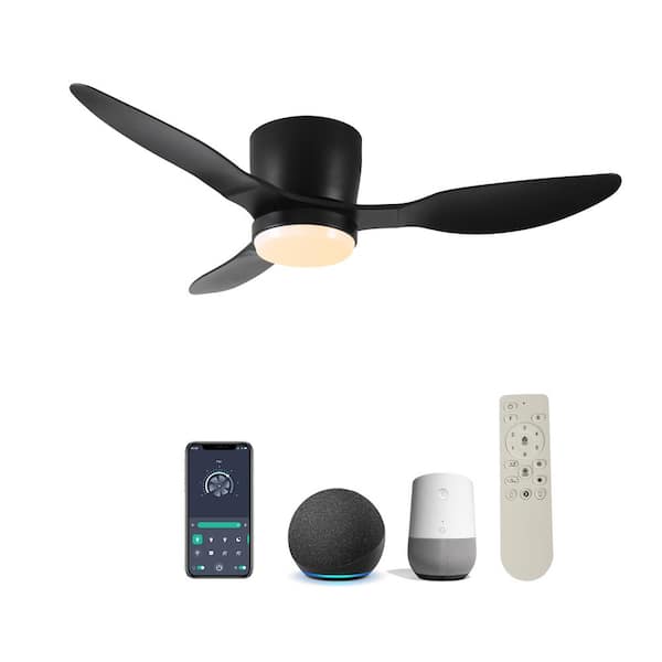 Jushua 42 in.Outdoor/Indoor Black Flush Mount Ceiling Fans with Lights Remote,Quiet DC Motor Control,Dimmable,ABS blades