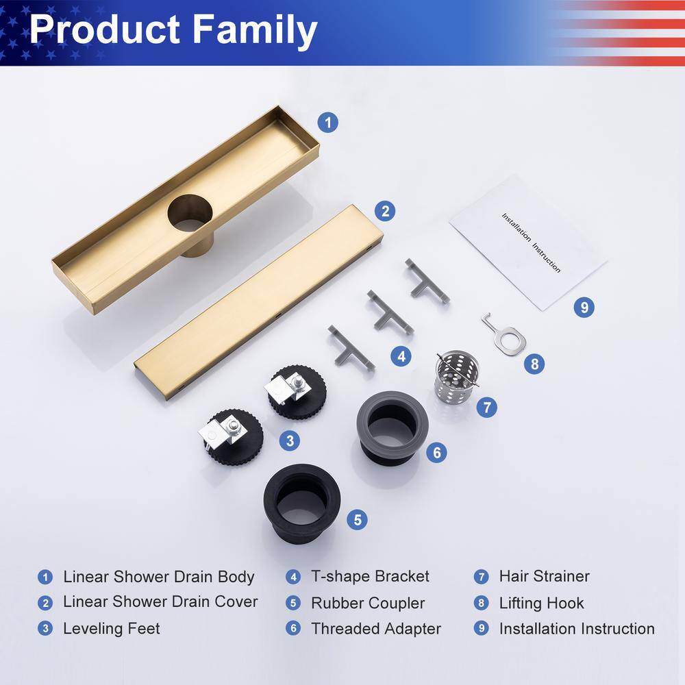 12'' Brushed Gold Stainless Steel Linear Shower Drain