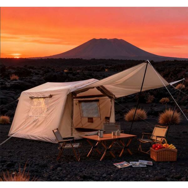 LuckByte 10.5 ft. x 8.2 ft. Beige Camping Tent with canopy, Hand