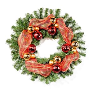 24 in. Pre-Lit LED Artificial Christmas Wreath with Gold and Red Ornaments