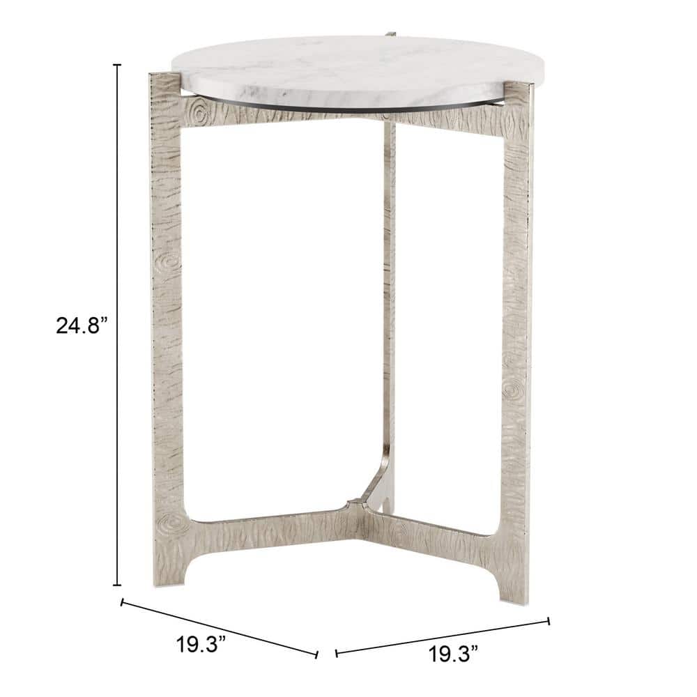 White Marble Top Round Side Table with Silver Cast Aluminum Base