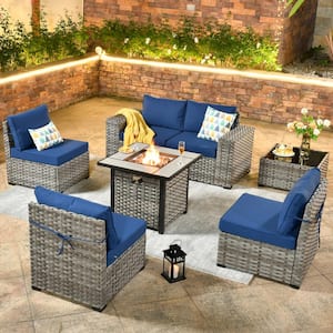 Metis 7-Piece Wicker Outdoor Patio Fire Pit Conversation Sectional Sofa Set and with Navy Blue Cushions