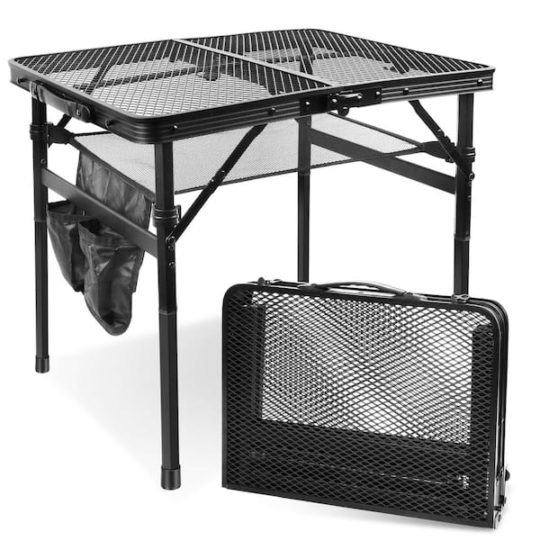 Angel Sar Folding Black Rectangle Aluminum Picnic Tables with Portable Mesh Bag for Picnic, Garden, Patio, BBQ and Party