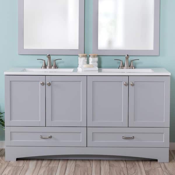 Glacier Bay Lancaster 60 in. W x 19 in. D x 33 in. H Double Sink Bath Vanity in Pearl Gray with White Cultured Marble Top