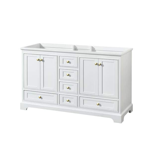 Wyndham Collection Deborah 59.25 in. W x 21.5 in. D x 34.25 in. H Bath Vanity Cabinet without Top in White with Brushed Gold Trim
