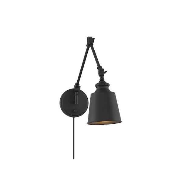 Meridian 5.75 in. W 1-Light Matte Black Farmhouse Wall Sconce with Metal Shade, Cord and Plug Included (Set of 2)