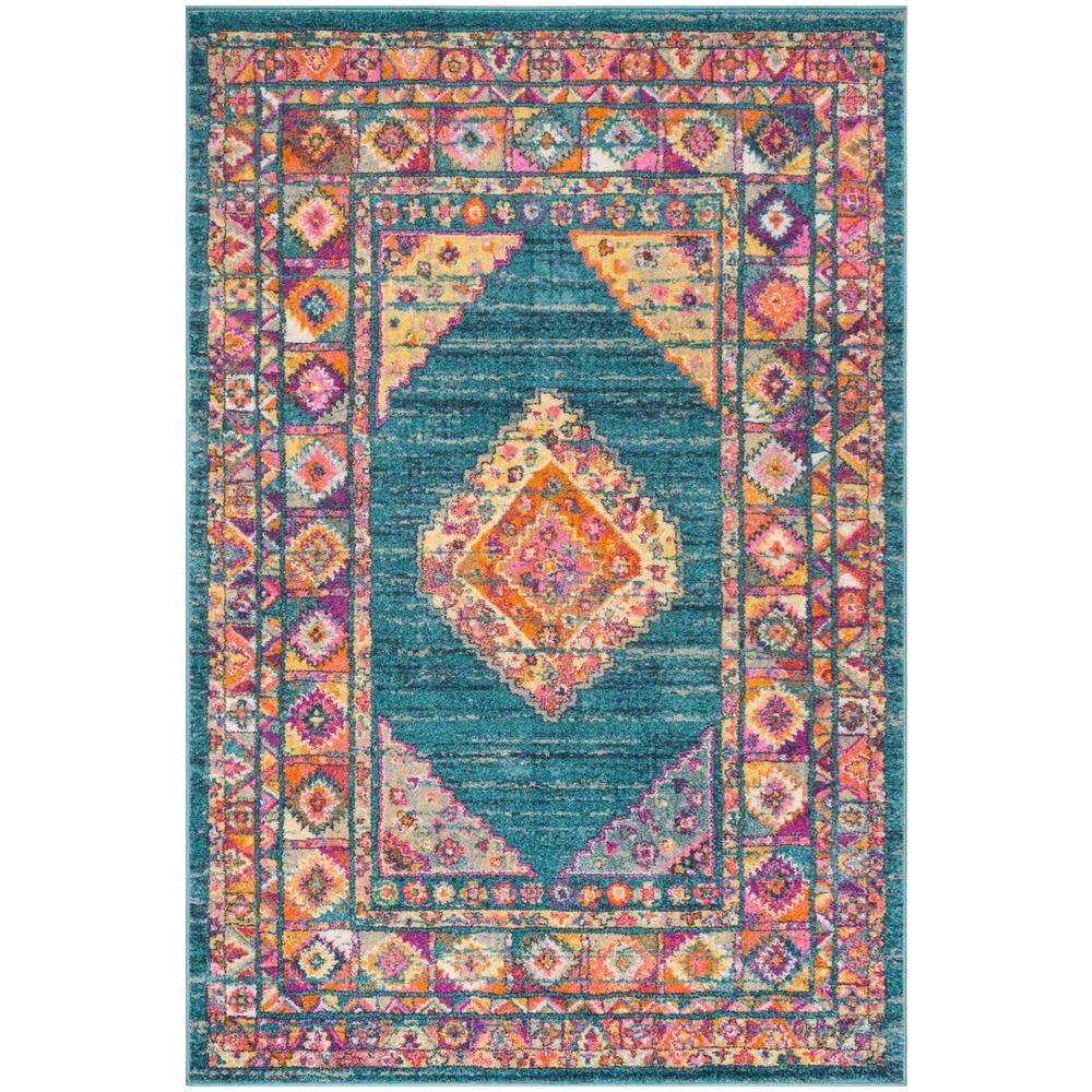 Light Blue and Orange Synthetic Easy Care Area Rug, 6' x 9'