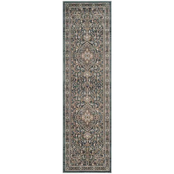 Lyndhurst 2 ft. x 20 ft. Teal/Gray Ornate Border Medallion Runner Rug