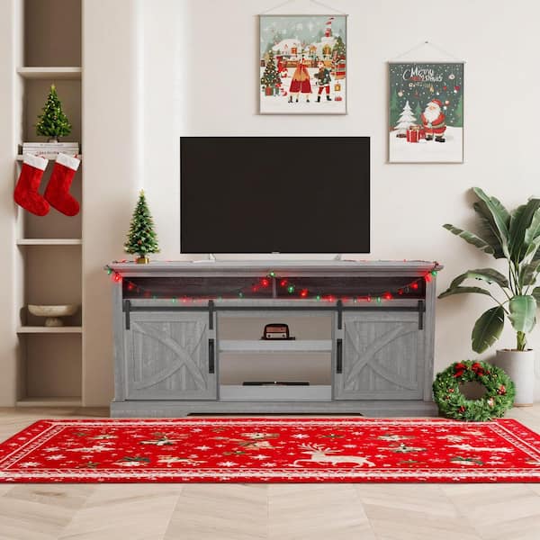 68 in. Freestanding Media Console Electric Fireplace TV Stand in Light Gray