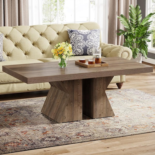 BYBLIGHT Allan 47.24 in. Brown Rectangle MDF Coffee Table Farmhouse Center Table with Thick Wooden Base for Living Room