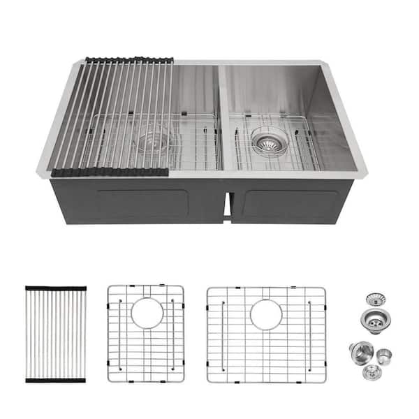 36 in. Undermount Double Bowl(60/40) 16 Gauge Brushed Nickel Stainless Steel Kitchen Sink with Drain and Rrying Rack