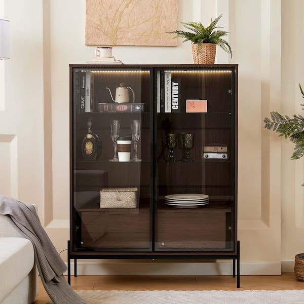 Dark Walnut and Black 51.2 in. Tall LED Curio Cabinet Modern