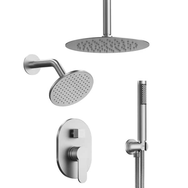 3-Spray Round Shower System 10 and 6 in. Dual Ceiling Mount Fixed and Handheld Shower Head 2.5 GPM in Brushed Nickel