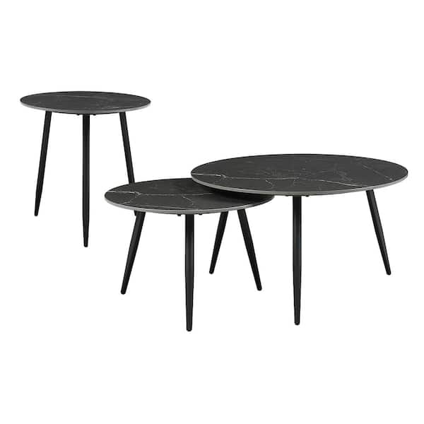 Lazzara Garcia 3-Piece 31 in. Black Round Sintered Stone Top Coffee Table, Side Table and End Table Set