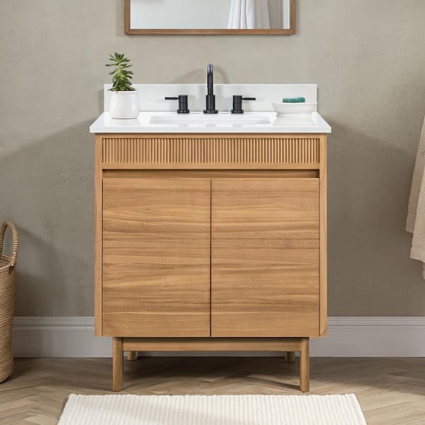 Kayla 31 in. Single Sink Natural Teak Bath Vanity with White Engineered Stone Top