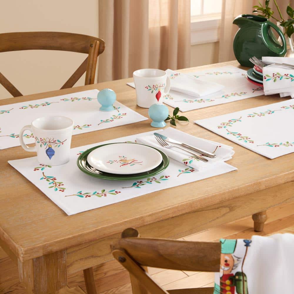 Holly Sprig Holiday Border Cotton Napkins Set, White/Red/Green