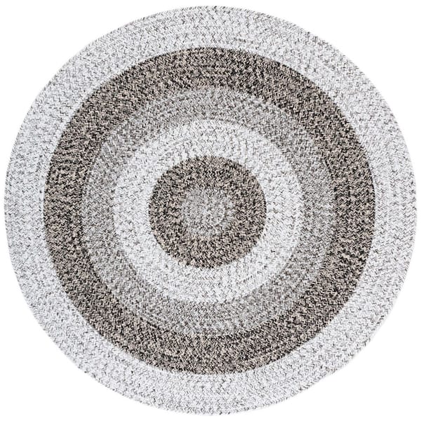 Braided Ivory/Black 3 ft. x 3 ft. Machine Washable Solid Striped Border Round Area Rug