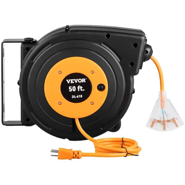 50 ft. 14AWG/3C 13 Amp Retractable Extension Cord Reel with Lighted Triple Tap Outlet 180° Swivel Bracket for Wall Mount