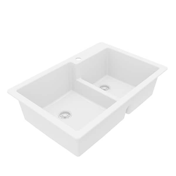 QT-811 Quartz 33 in. 60/40 Double Bowl Drop-In Kitchen Sink in White