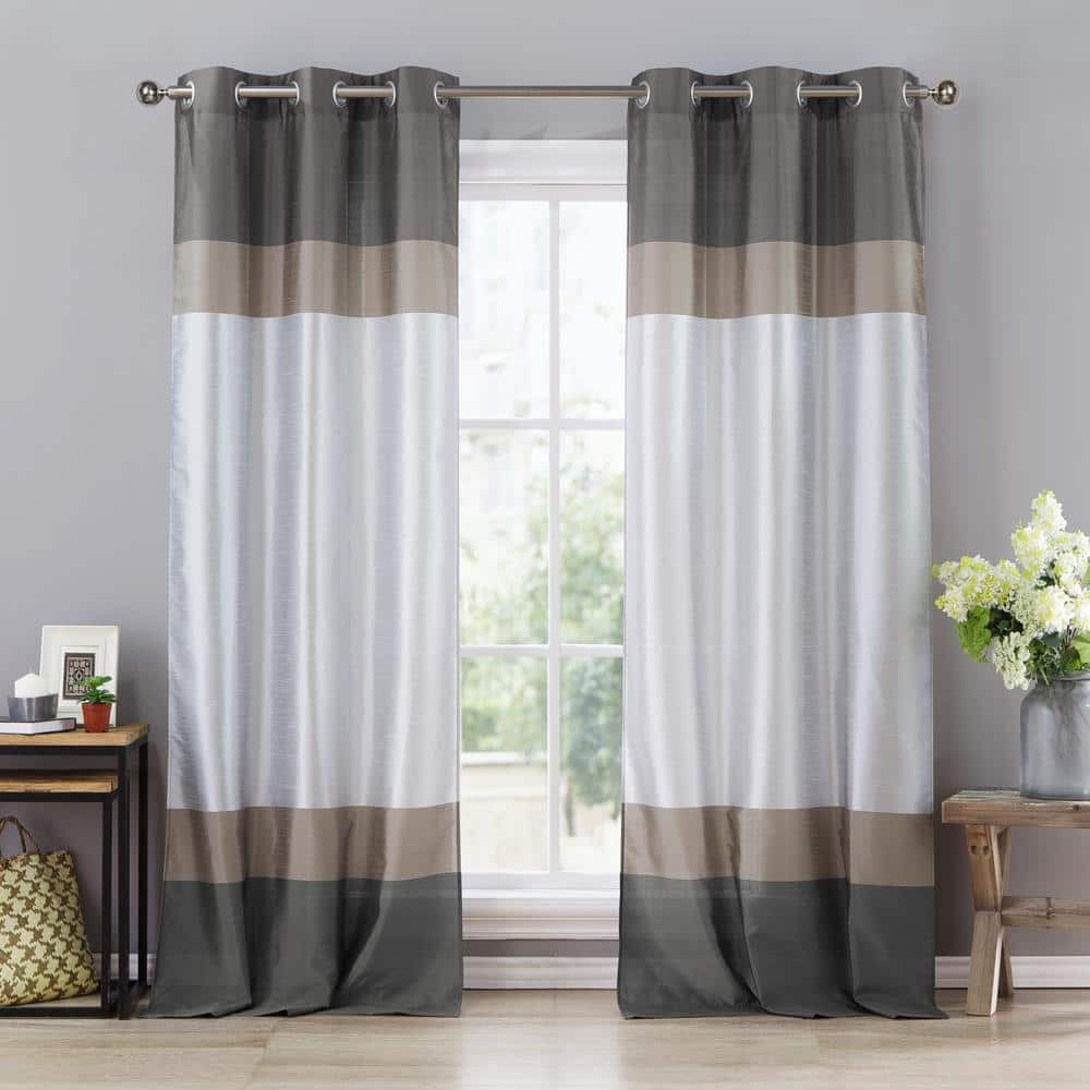 Spa Blue-Taupe-Silver Striped Grommet Room Darkening Curtain - 39 in. W x 8