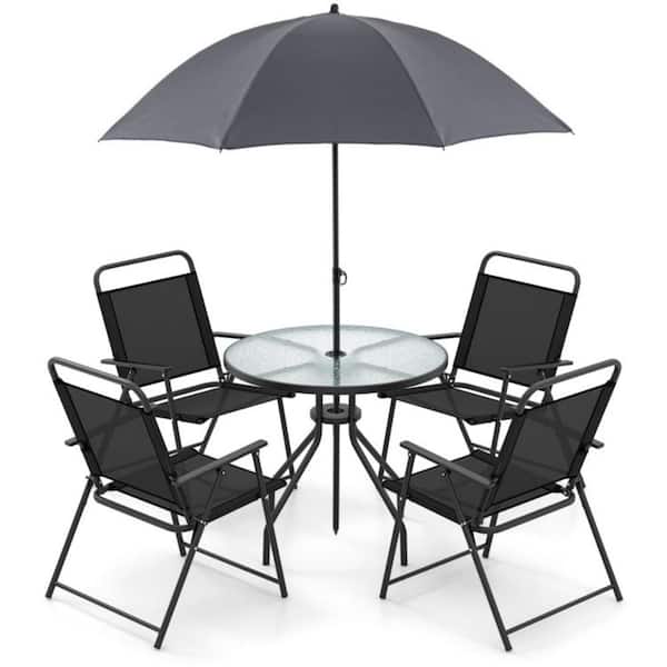 (6-Piece) Metal Outdoor Dining Set Folding Chairs Glass Table Tilt Umbrella for Garden