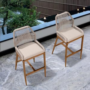 Modern Aluminum Twill Wicker Woven Counter Height Outdoor Bar Stool with Back and Cushion (2-Pack)