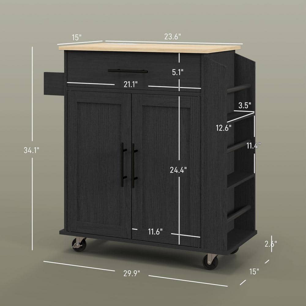 Black Wood Kitchen Cart with Spice Rack and Storage