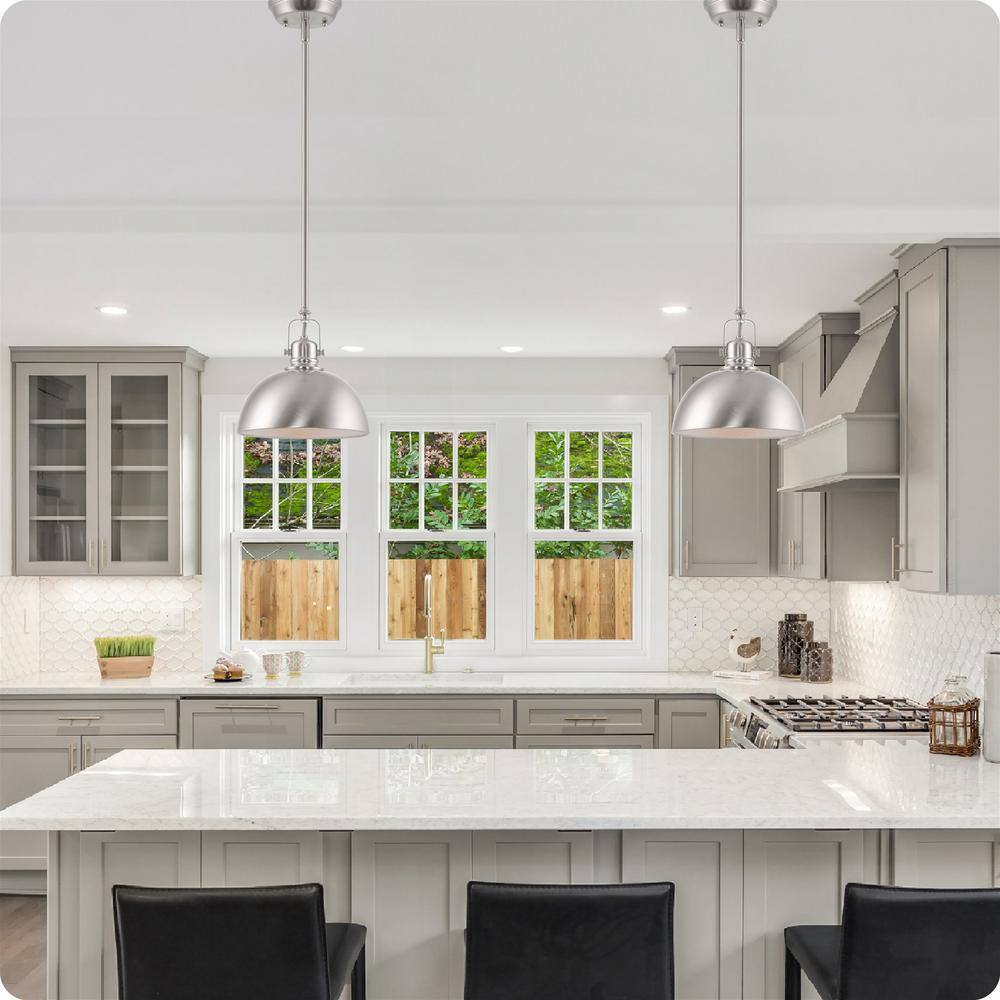 9" Brushed Nickel Dome Pendant Light with Adjustable Rod