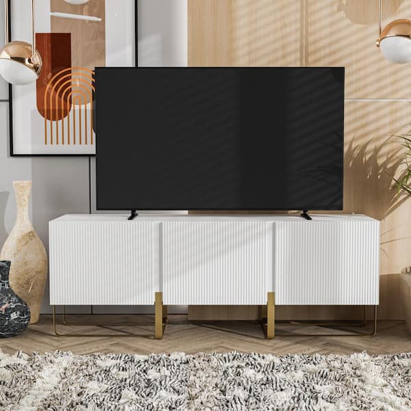 2 Door TV Unit Television Stand Entertainment Cabinet Ribbed Design Black  and Gold