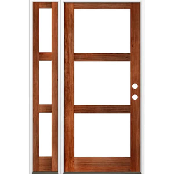 Krosswood Doors 56 in. x 96 in. Modern Hemlock Left-Hand/Inswing 3-Lite Clear Glass Red Chestnut Stain Wood Prehung Front Door with LSL