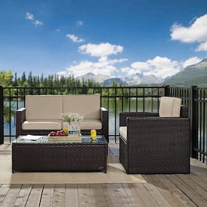 Palm Harbor 3-Piece Wicker Outdoor Seating Set with Sand Cushions - Loveseat, Chair and Glass Top Table