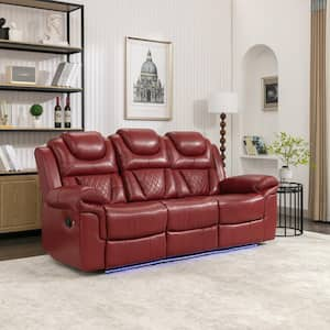 83.1 in. Flared Arm Faux Leather Rectangle Manual Recliner 3-Seat Sofa in Wine Red w/ Center Console and LED Light Strip