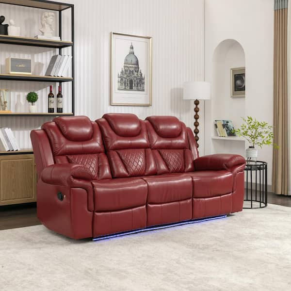 Merax 83.1 in. Flared Arm Faux Leather Rectangle Manual Recliner 3 Seat Sofa in Wine Red w Center Console and LED Light Strip CJ060AAJ The Home Depot