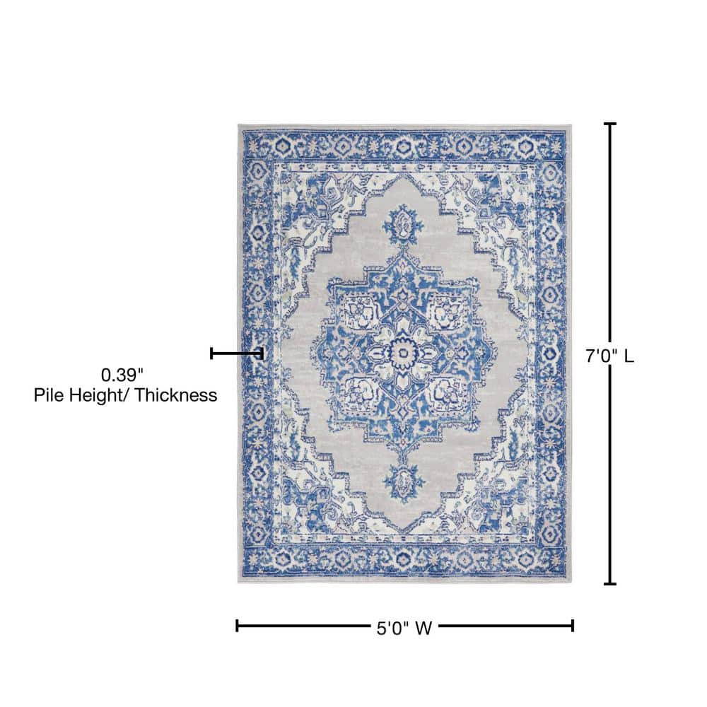 Grey Blue Floral Medallion 5' x 7' Synthetic Area Rug