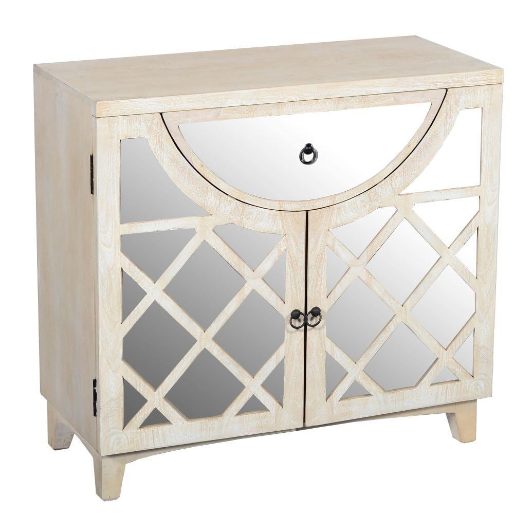 Mango Wood Cabinet with Mirrored look Steel Insert Door Storage  Beige- Saltoro Sherpi