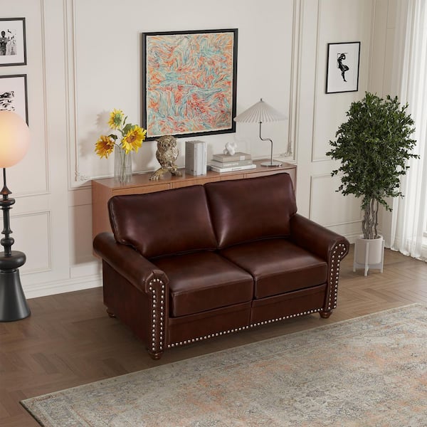 Torwyn French 59.45 in. Rolled Arm Nailheads Faux Leather Upholstered Loveseat 2-Seats Storage Sofa, Burgundy
